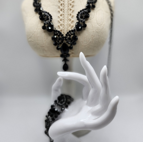 Black Rhinestone studded necklace and matching bracelet.   Statement set! - Picture 4 of 8